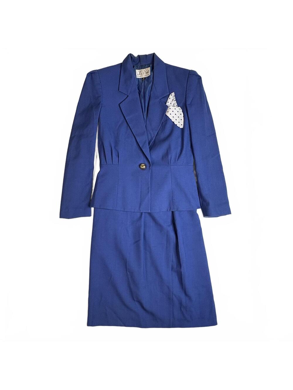 Vintage Le Suit Royal Blue Skirt Suit Set Blazer Midi Skirt